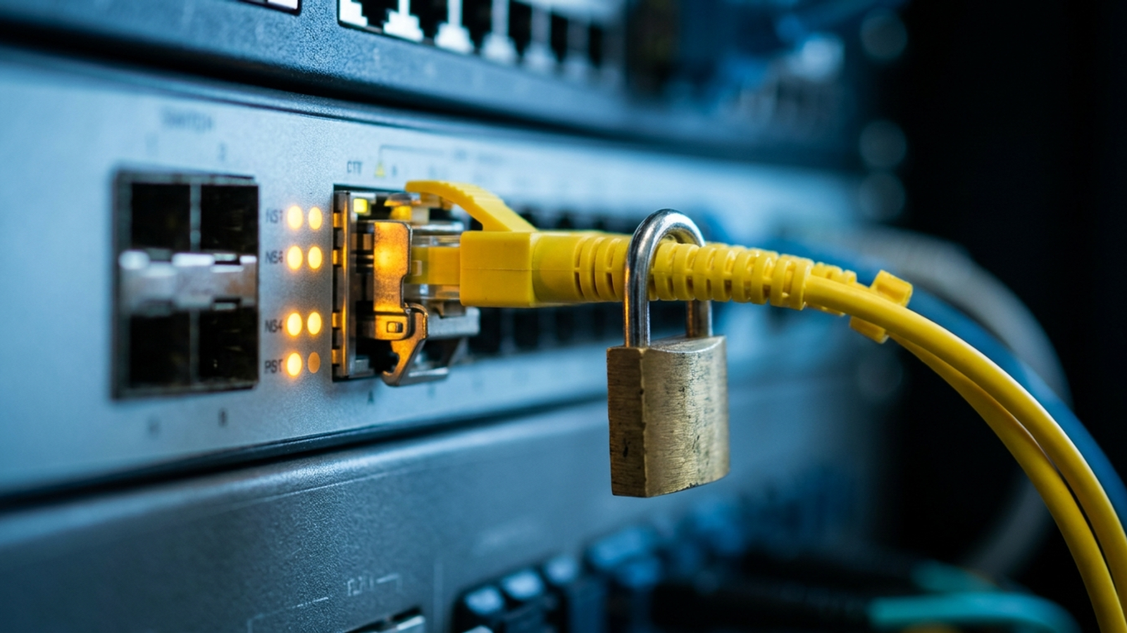 Server rack connector secured with a padlock, illustrating a firewall blocking crawler access.